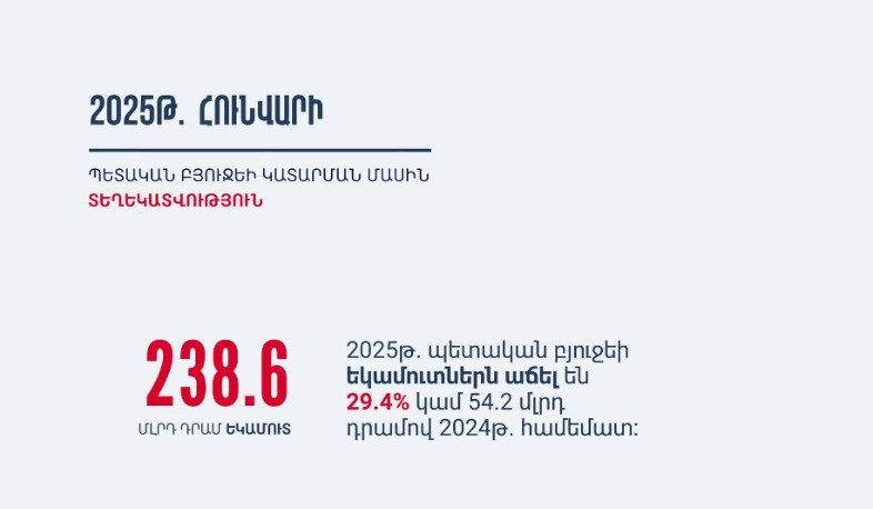 2025-ի հունվարին ՀՀ պետբյուջեի եկամուտները կազմել են 238.6 մլրդ դրամ